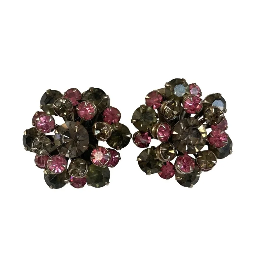 Vintage Rhinestone Cluster Earrings Clip On Pink Gray Prong Set Coquette Girl